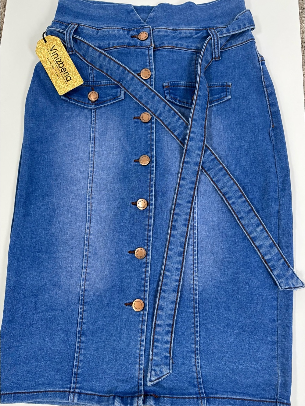 Blue Button-Front Denim Skirt with Waist Tie